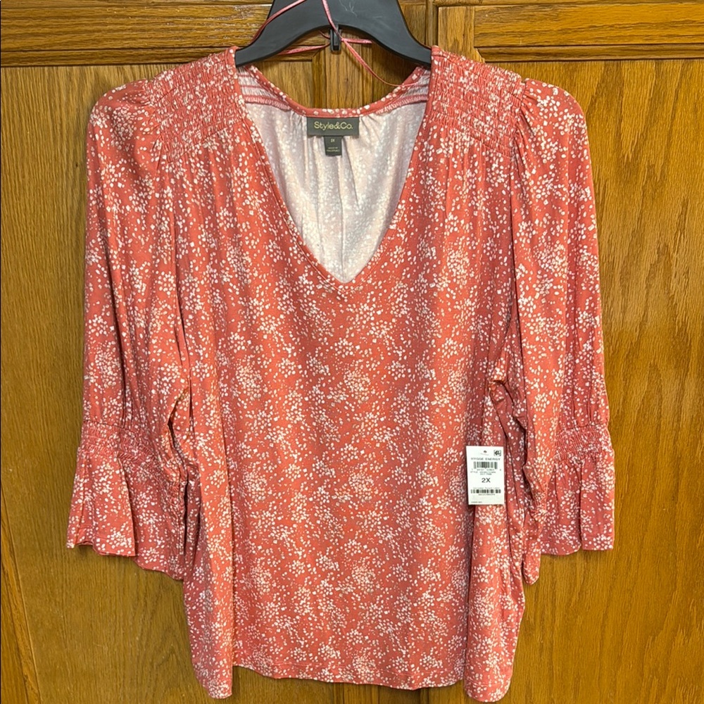 Style & Co. Pink Smocked 3/4 Sleeve Blouse - Picture 1 of 1